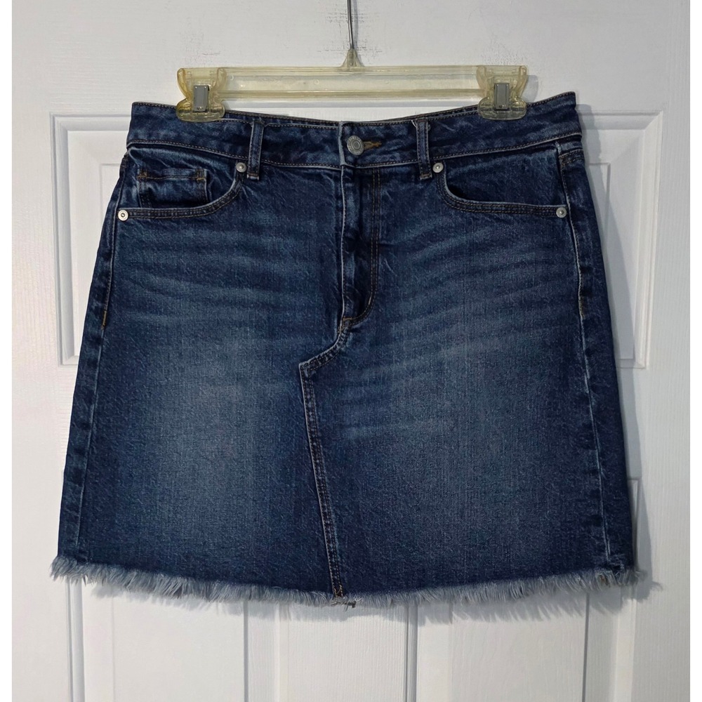 Loft Denim Mini Skirt‎ Dark Wash Raw Hem Petite Size 6P Blue Cotton Blend